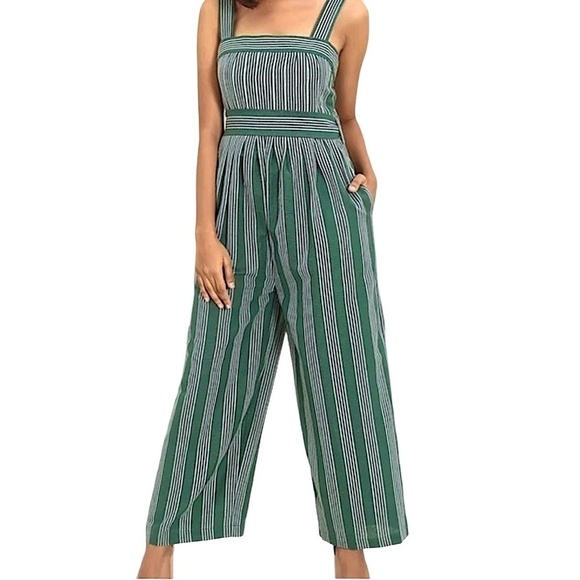 ANTHROPOLOGIE Payal Pratap Cha Cha Green Stripe Linen Wide Leg Crop Jumpsuit - Picture 4 of 14